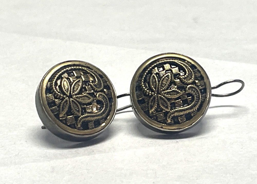 Vintage Sterling Silver Filigree Brass Button Drop Earrings 20mm 8g